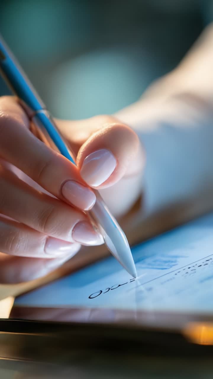 A close-up view of a hand holding a stylus, drawing a signature on a digital tablet screen, showcasing technology and creativity in modern communication