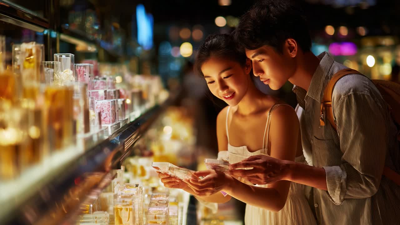 A couple exploring a delightful array of scented products in a charming store, showcasing their joy and connection while selecting fragrant items for their enjoyment and home