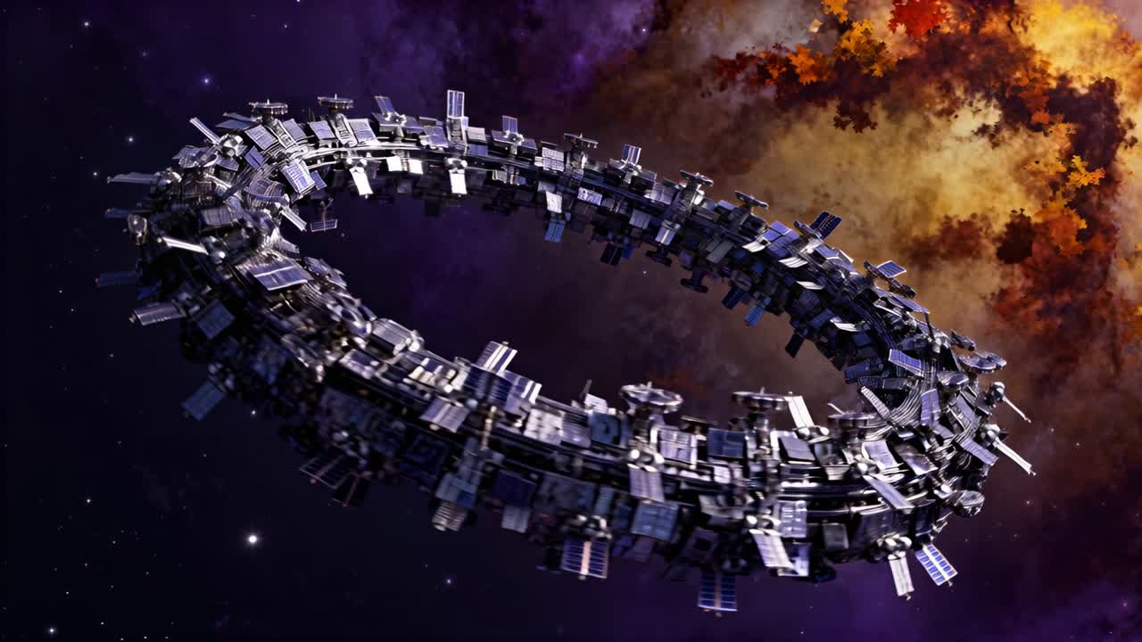 Rotating torus-shaped orbital station revealing solar panels and modules in deep space, near nebula