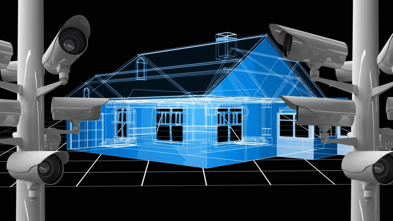анимация камер, записывающих 3d-модель голубого дома, вращающуюся на заднем плане.