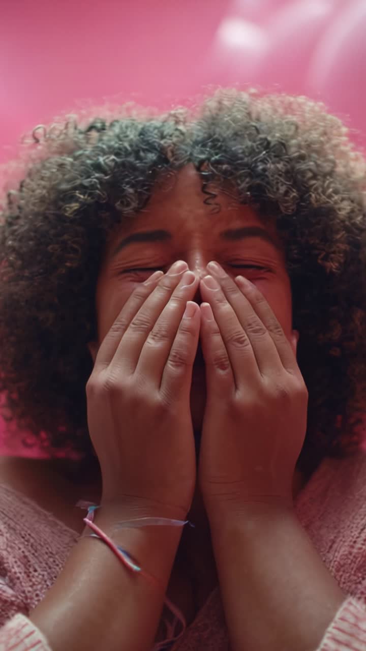A person joyfully covering their face with hands against a bright pink background, conveying emotions of happiness and surprise in a vibrant and lively setting