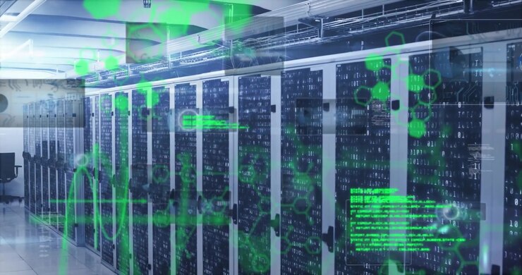 Animation of chemical formula with data processing over server room