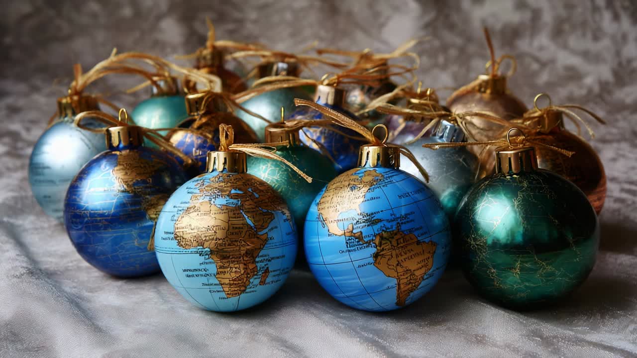 A Beautiful Array of Globes Decoratively Styled as Ornaments, Showcasing Vibrant Colors and Maps, Perfectly Capturing the Essence of Our Planet in Festive Holiday Décor