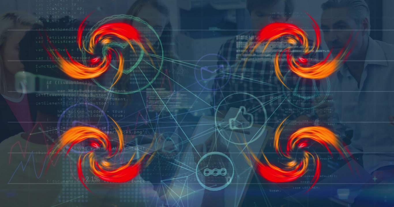 Animation of data processing and shapes over diverse business people