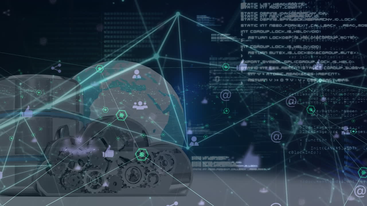 Animation of data processing over globe and cogs