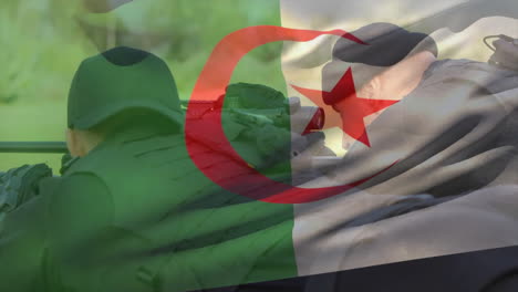 animation of flag of algeria over caucasian male soldiers holding weapons