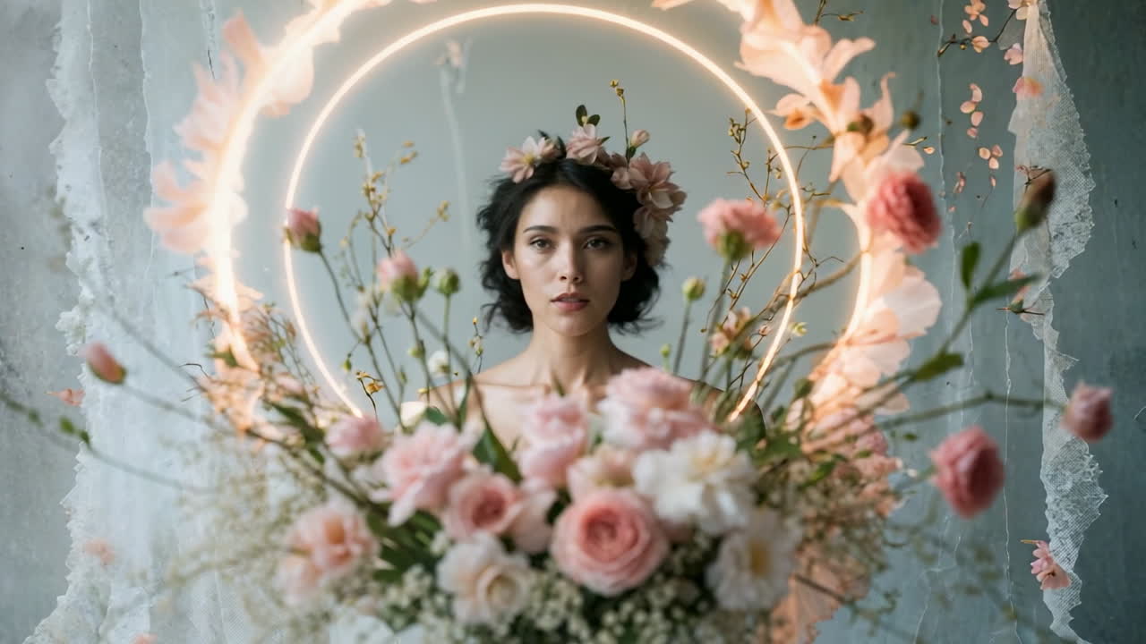 Portrait éthéré de femme avec halo floral et bouquet