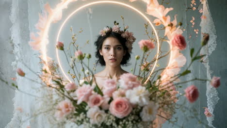 ethereal portrait of woman with floral halo and bouquet