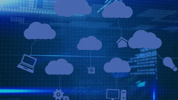 Animation of cloud icons and data processing over dark background