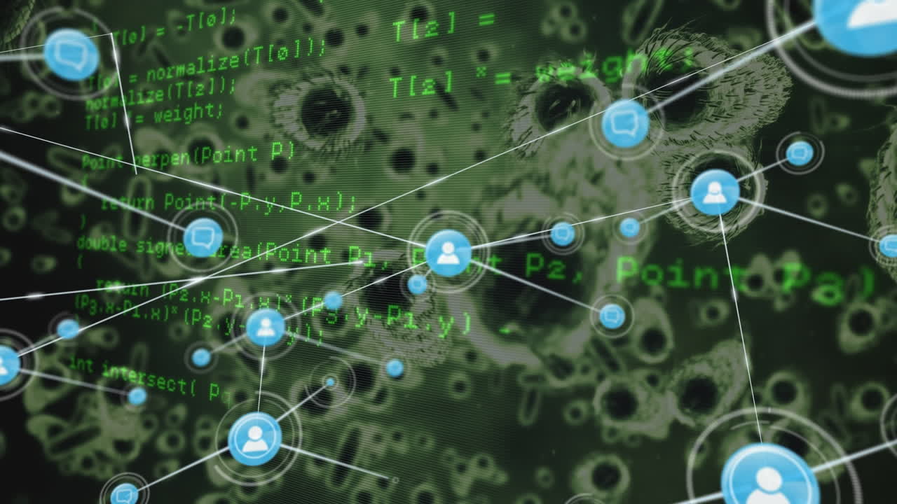 바이러스 세포 위의 미디어 아이콘과 연결 네트워크의 애니메이션