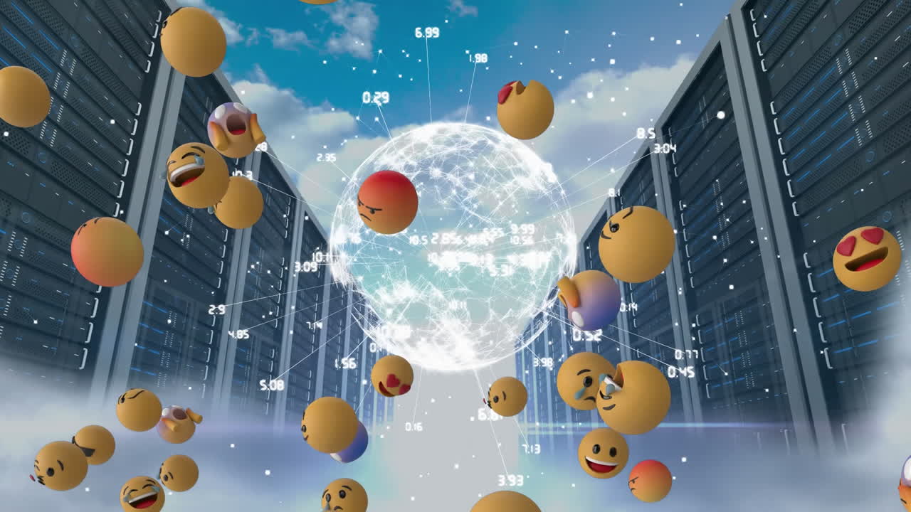 회전하는 지구와 컴퓨터 서버를 배경으로 하는 이모지 아이콘