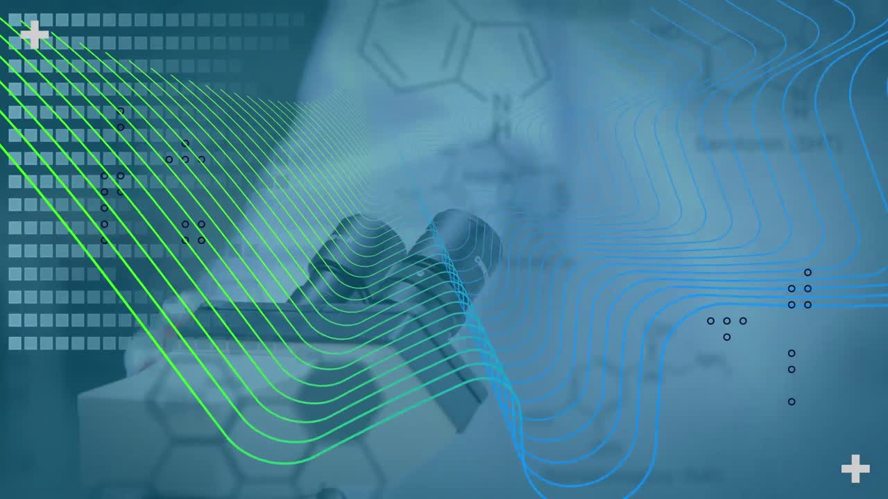 animación del procesamiento de datos y estructuras químicas en diversos trabajadores de laboratorio utilizando el microscopio.