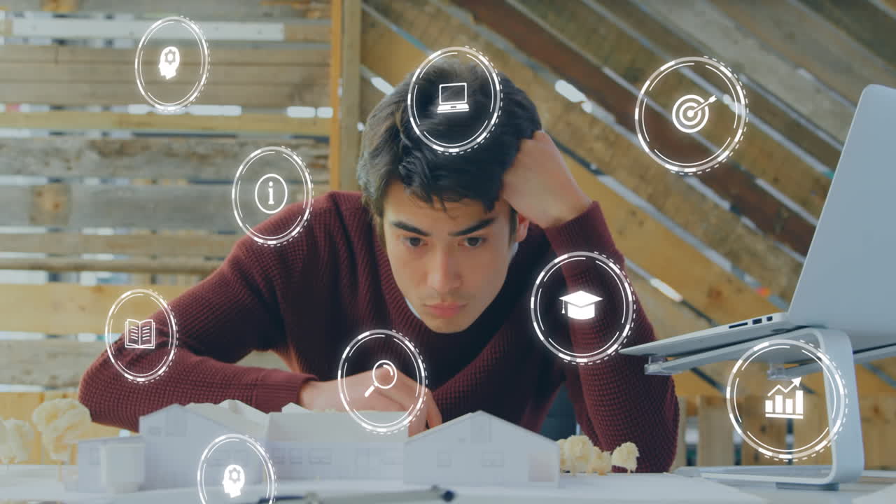 animación de múltiples iconos digitales sobre un hombre de negocios nativo americano trabajando en la oficina.