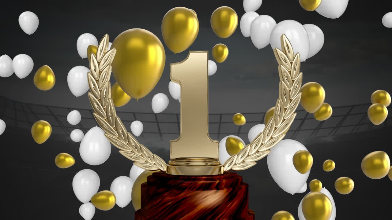 trofeo del primer lugar y globos en un estadio deportivo