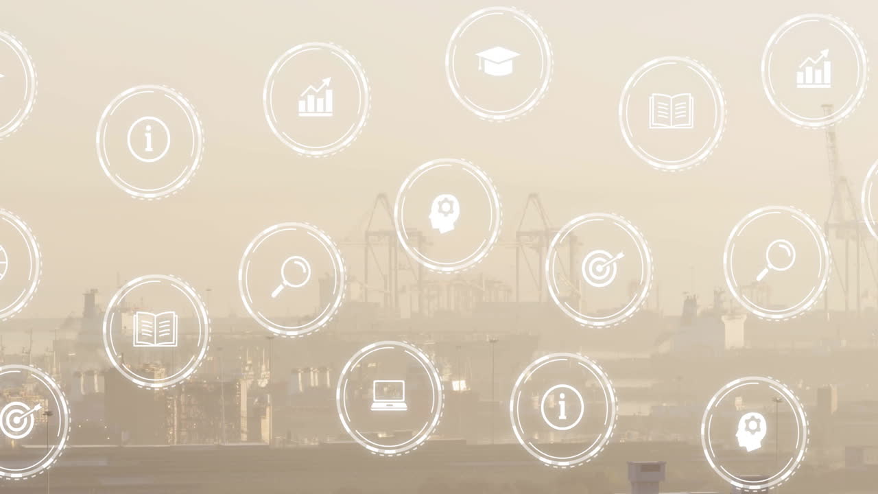 도시 풍경 위에 생태 및 비즈니스 아이콘 네트워크의 애니메이션