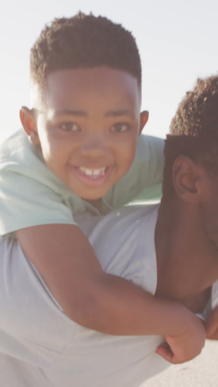 Retrato de pai afro-americano sorridente carregando o filho em uma praia ensolarada.