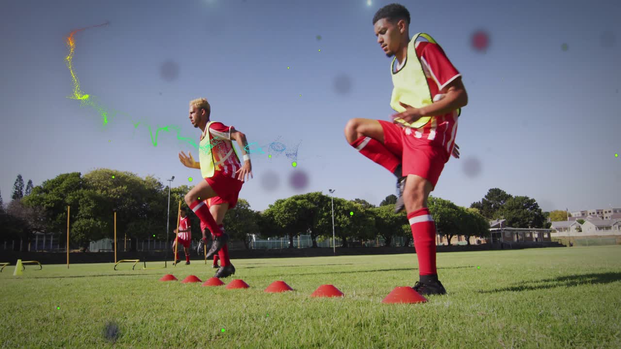 Central adult stepping into cones, team matching high-knee drill for soccer warmup, glowing overlay