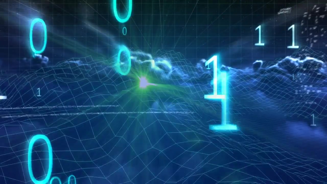 Digital Binary Code Flowing Over Abstract Wireframe Landscape