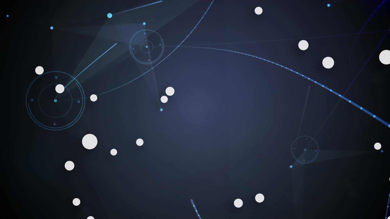 Digital animation of multiple dots against plexus network and spot of light on blue background