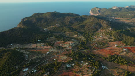 Aerial-View-Of-Es-Broll-de-Buscastell-Nature-Preserve-On-The-Coast-Of-Santa-Agnes-In-Balearic-Islands,-Spain