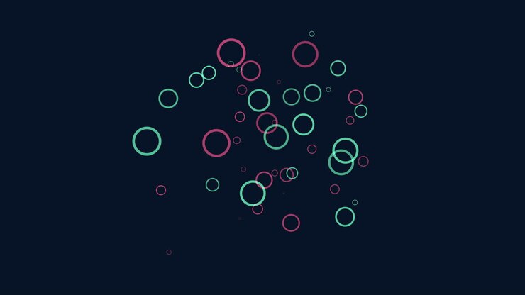 Confetes arco-íris abstratos e anéis voando em espaço escuro
