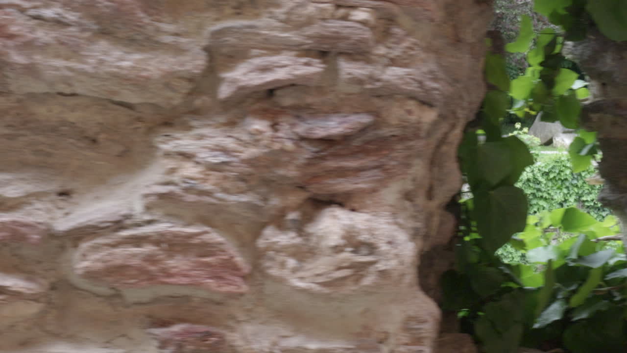 Park view through ancient stone wall openings