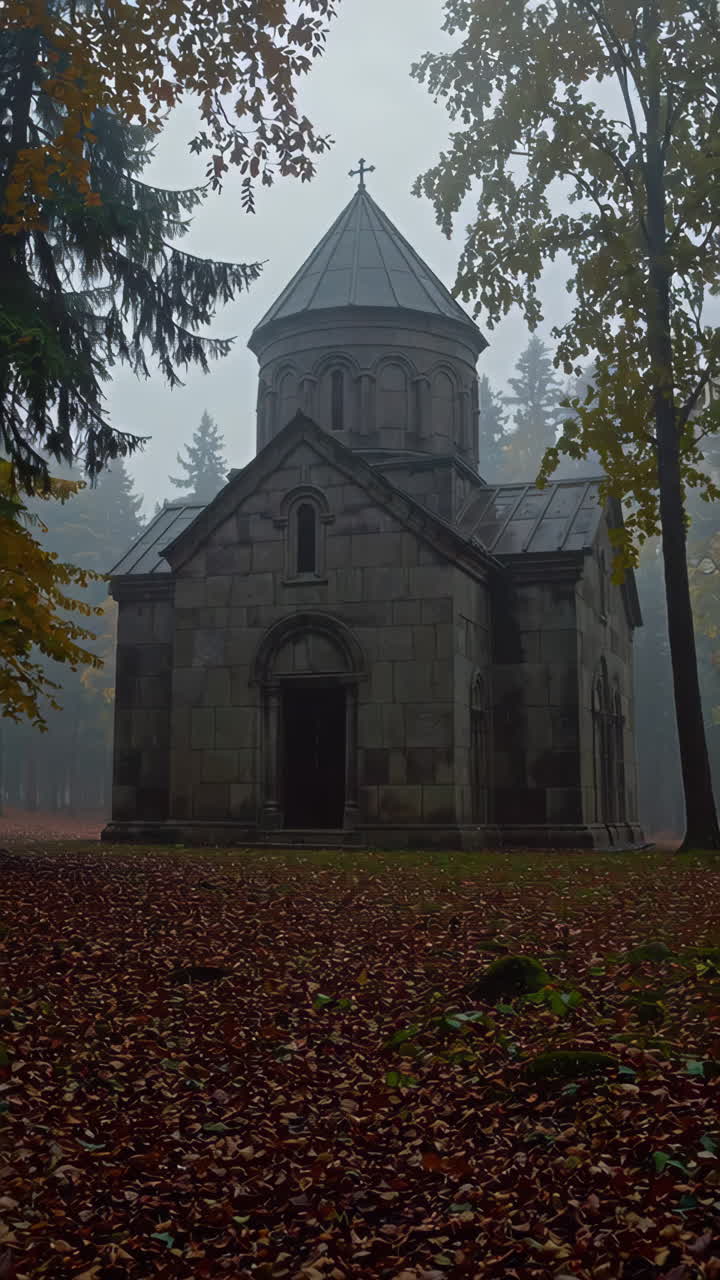Misty Autumn Chapel in the Forest