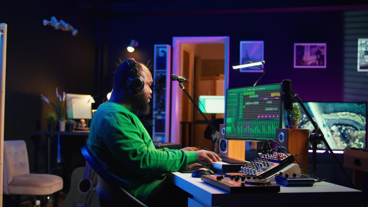 ingeniero de audio que trabaja en un estudio casero con software digital en pc