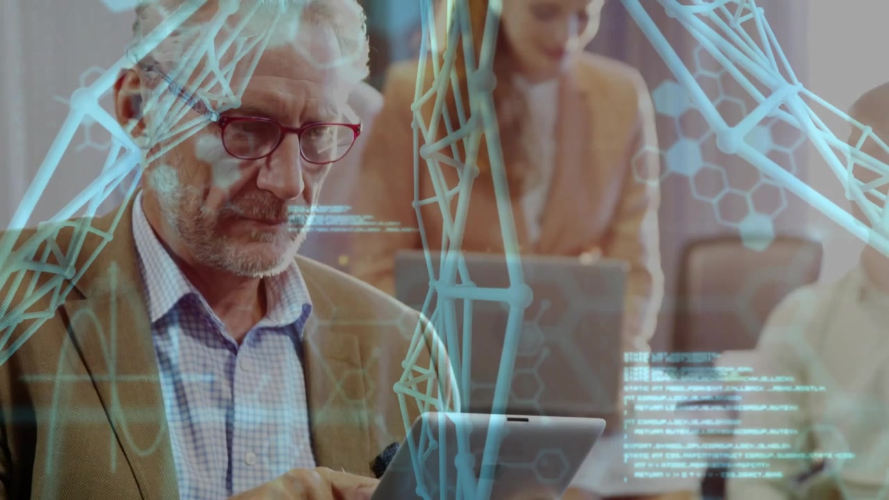 Senior man tapping tablet causing blue network growing with scrolling code reviewing data with tech