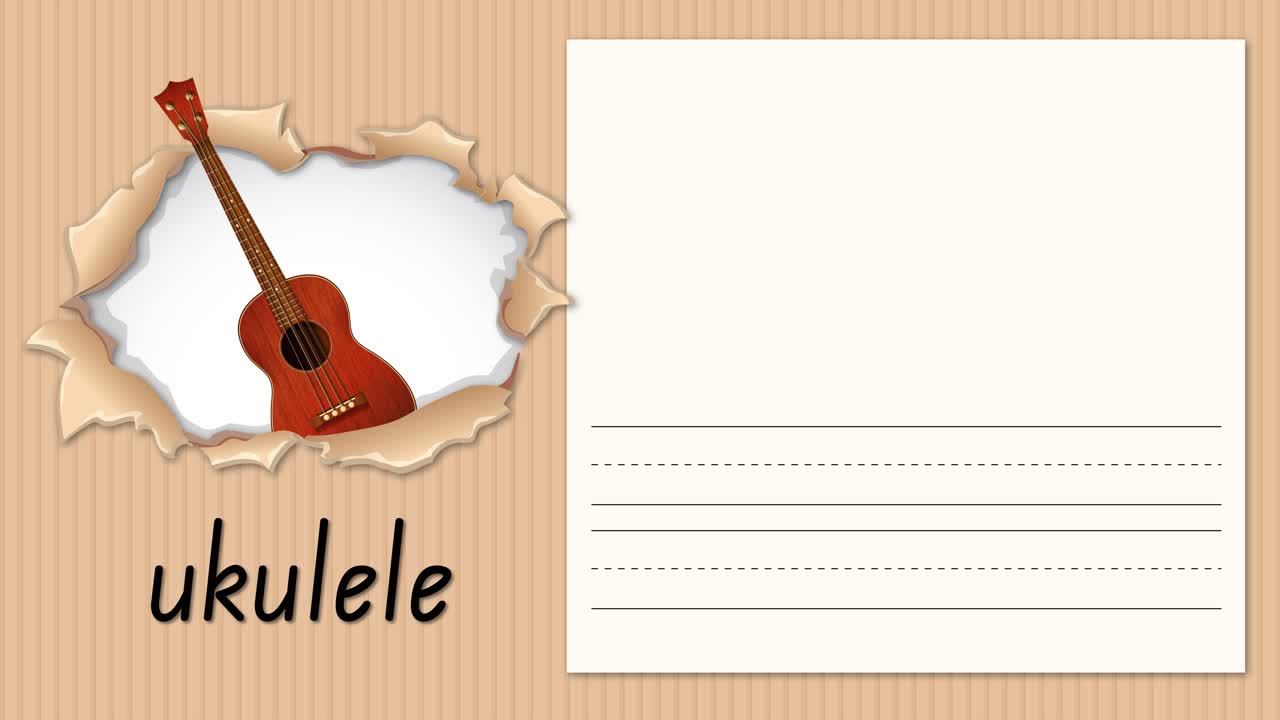 Animated handwriting practice for letter U alongside a ukulele illustration on a cardboard background