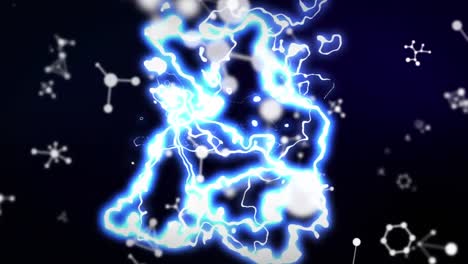 animation of glowing blue electric current over white molecular structures on black background