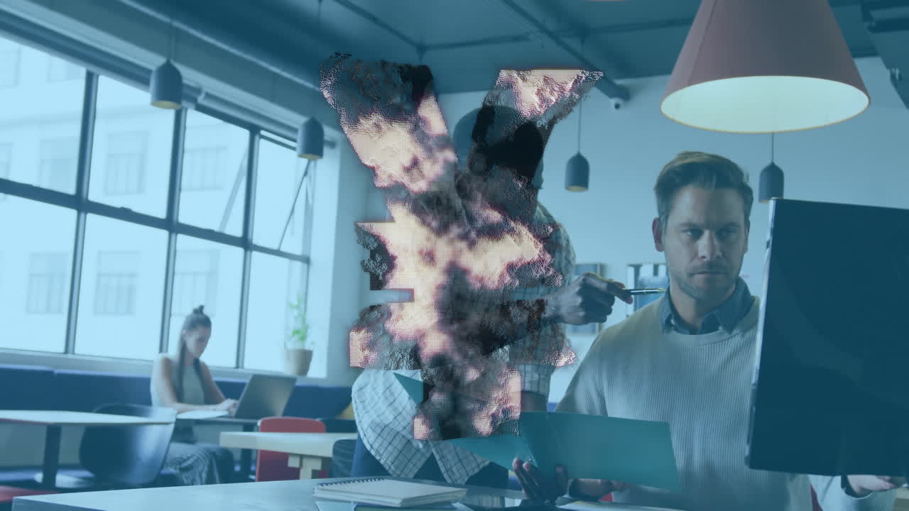 animazione del simbolo della valuta yen su persone diverse che lavorano in un ufficio moderno