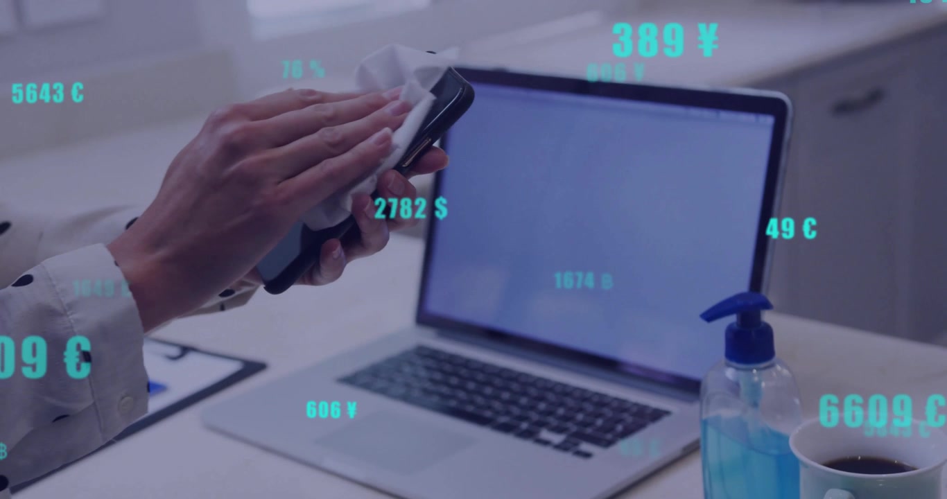 Woman raising smartphone and wiping for hygiene while finance overlays tracking currency values