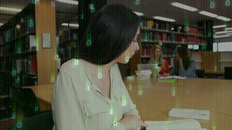 estudiando en la biblioteca, la gente con la superposición de animación de código binario