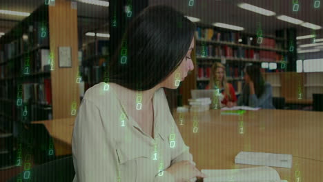 studying in library, people with binary code animation overlay