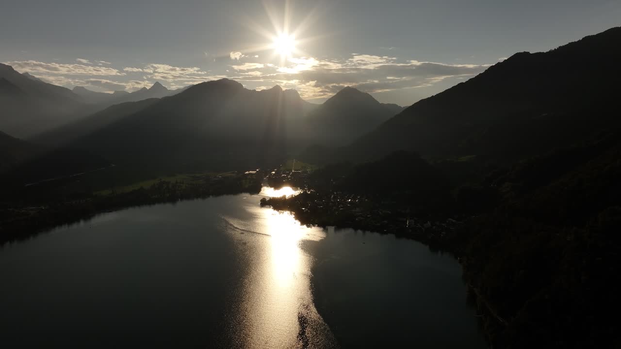 Sunrise over Lake Walensee. Romantic atmosphere in the mountains of Switzerland.
