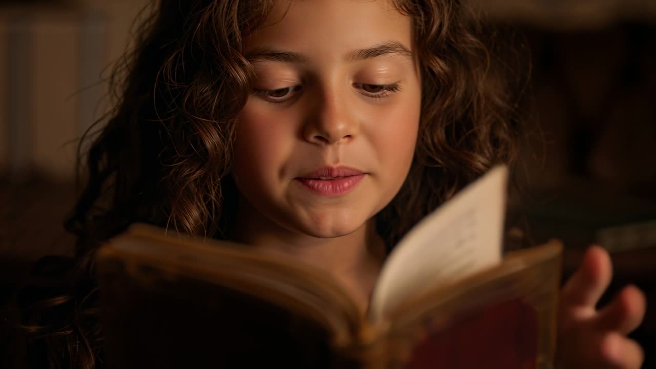 Sorridendo alla telecamera, un bambino abbassa gli occhi, leggendo ad alta voce per seguire la storia, e volta un libro logoro in biblioteca.