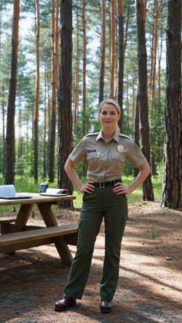 female park ranger standing in a pine forest