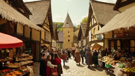 medieval village with stone buildings and cobblestone street