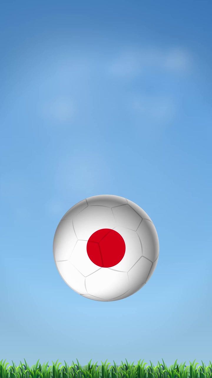 A soccer ball with Japan's flag pattern bounces vertically against a blue sky background.