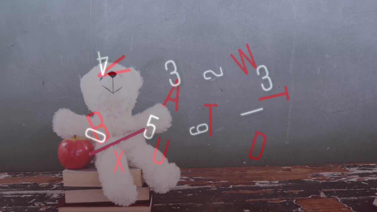 테디 베어와 스택에 있는 사과에 대해 여러 번 변하는 숫자와 알파 ⁇ 의 디지털 구성