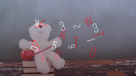 Digital-composition-of-multiple-changing-numbers-and-alphabets-against-teddy-bear-and-apple-on-stack