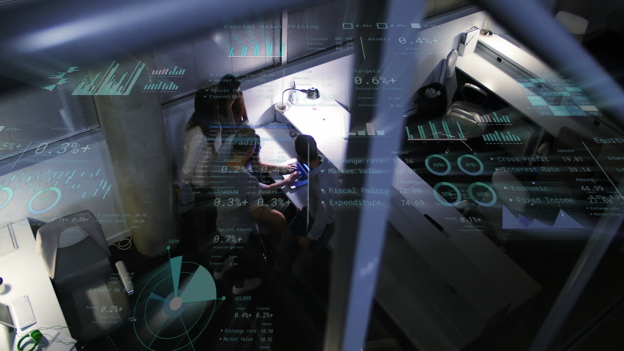 Animation of financial data processing over diverse business people