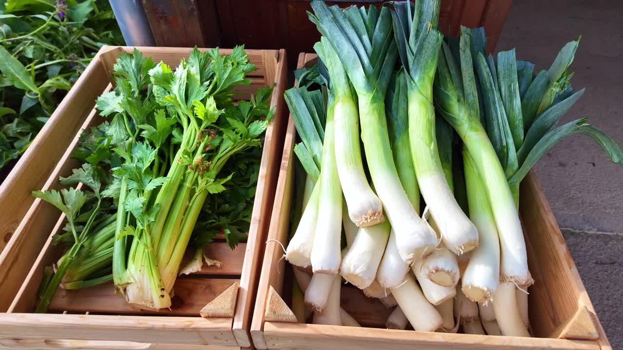 Close-up view of fresh green leeks and celery displayed in wooden boxes at farmers market