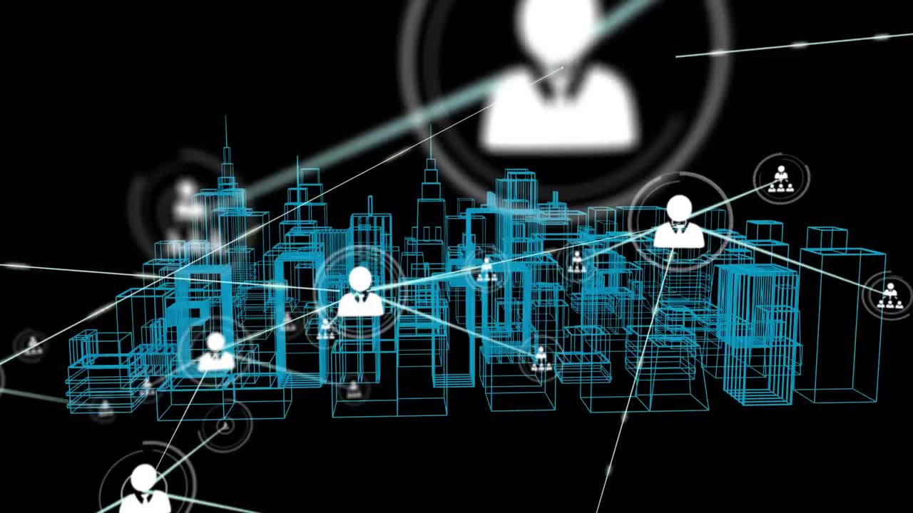 animación de la red de conexiones con iconos sobre el dibujo de la ciudad en 3d