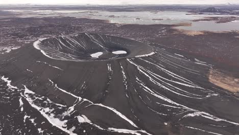 hverfjall volcano cone at myvatn, iceland during winter - aerial shot