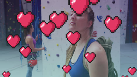 múltiples iconos de corazón rosa flotando contra el retrato de una mujer en forma caucásica en el gimnasio