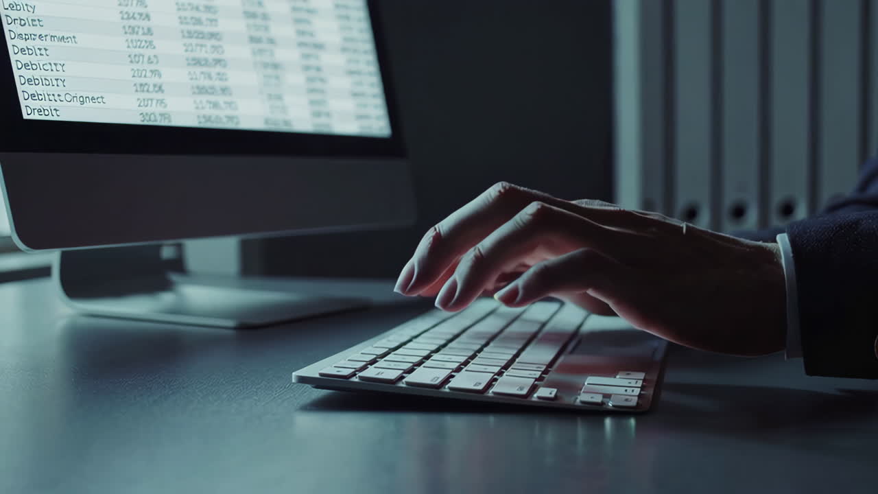 Person Typing on Keyboard in Front of Computer Screen Displaying Financial Data