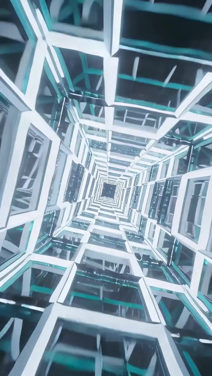 Vertical video: Play starting, teal-lit square rings drawing eye into mirror shaft, creating motion