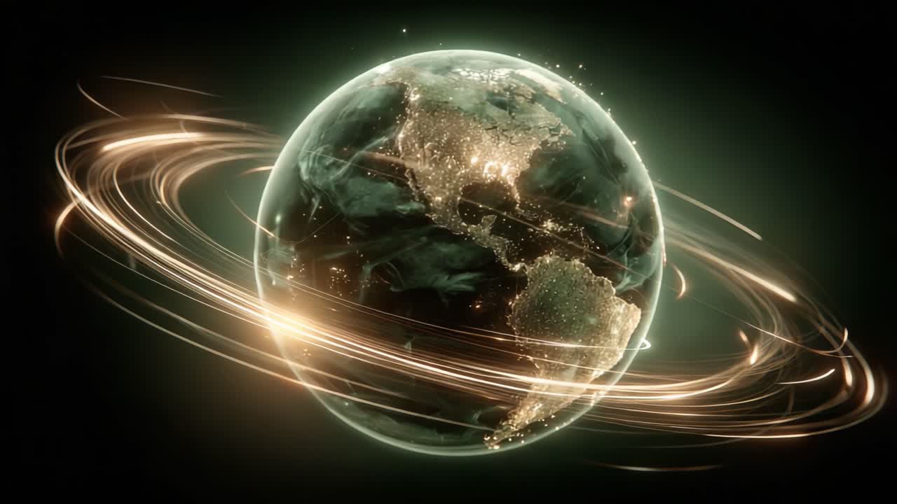 A Stunning Visual Representation of Earth Surrounded by Dynamic Light Rings, Illustrating the Beauty of Our Planet Within a Cosmic Atmosphere